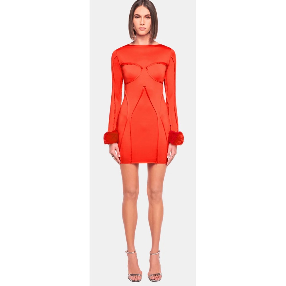 NWT OW Collection CIARA Mini Dress in Red Removable Fur Cuffs Sz Large $220